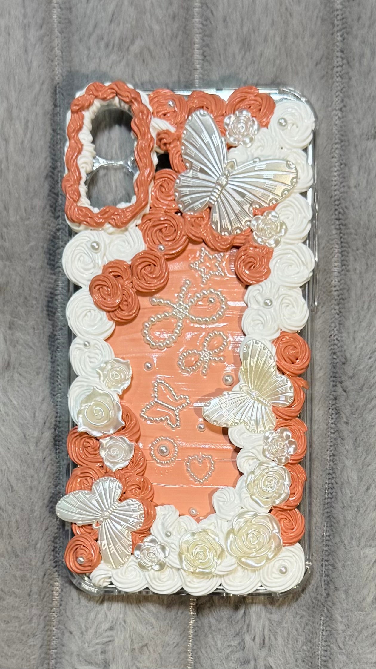 Romantic Peach & White Floral Butterfly Decoden Phone Case with Pearl Creamy Cases Romantic Peach & White Floral Butterfly Decoden Phone Case with Pearl Creamy Cases