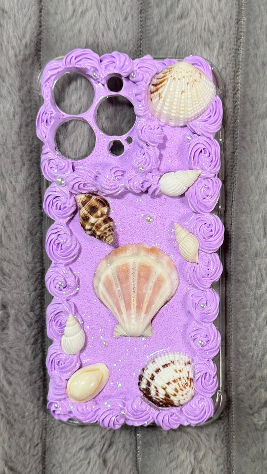 Handmade Seashell Cream Glaze Phone Case | Purple Coastal Charm & Customizable Details