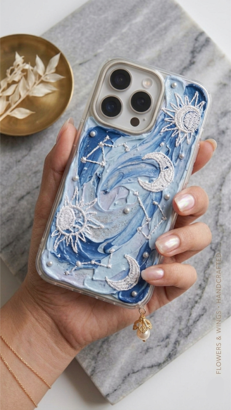 Handcrafted Celestial Sun & Moon 3D Embroidered iPhone Case