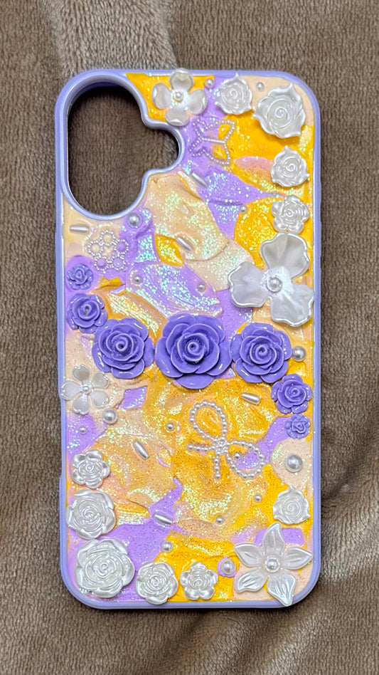Handmade 3D Purple Rose & Gold Glitter Decoden Phone Case