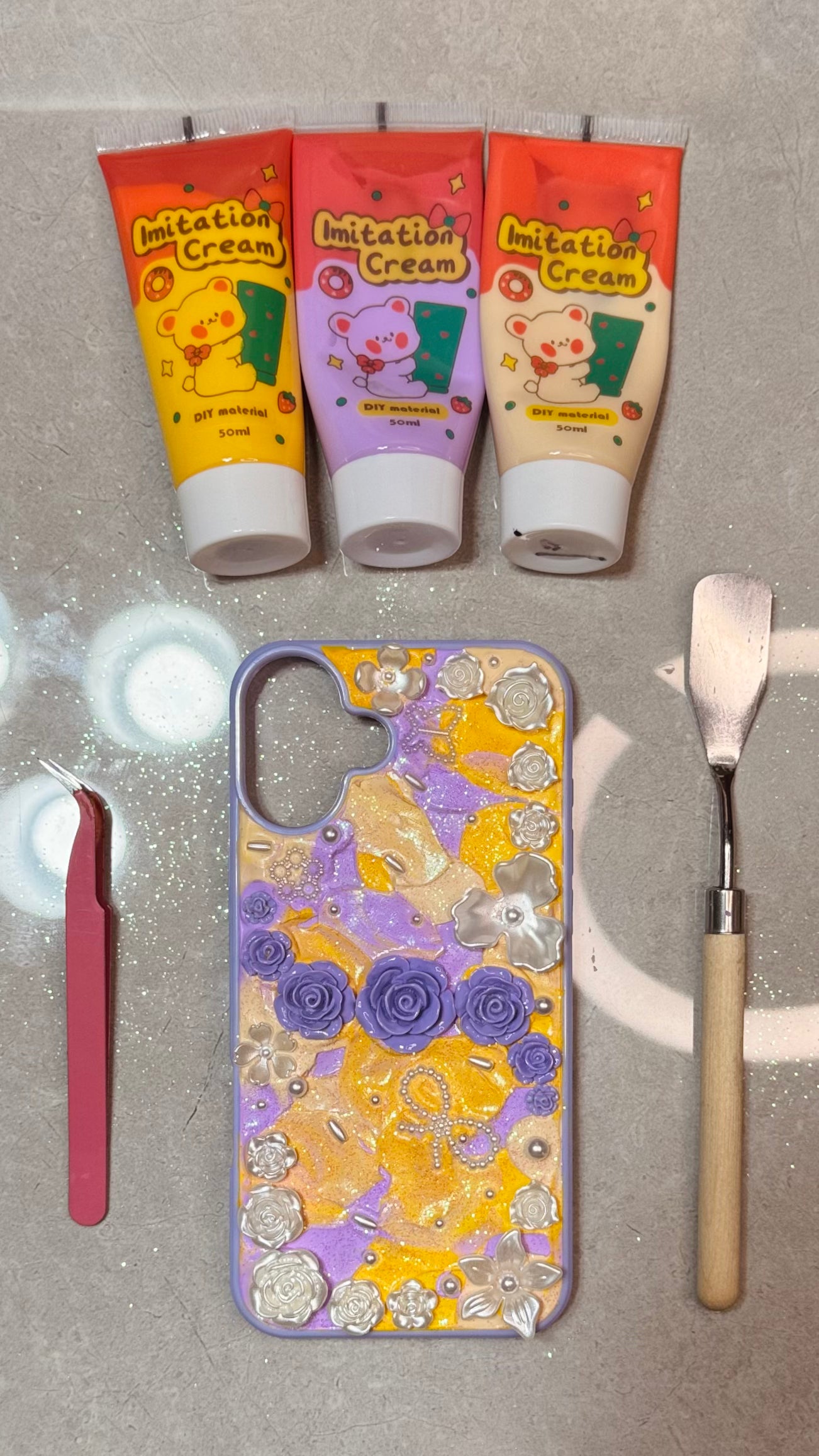 Handmade 3D Purple Rose & Gold Glitter Decoden Phone Case
