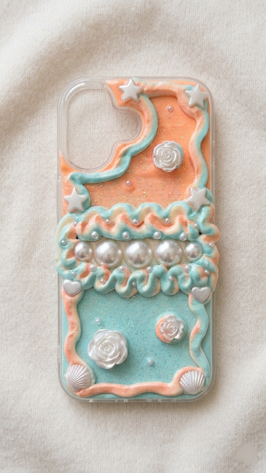 Handmade Peach & Mint Decoden Case: Dreamy Mermaid Pearls