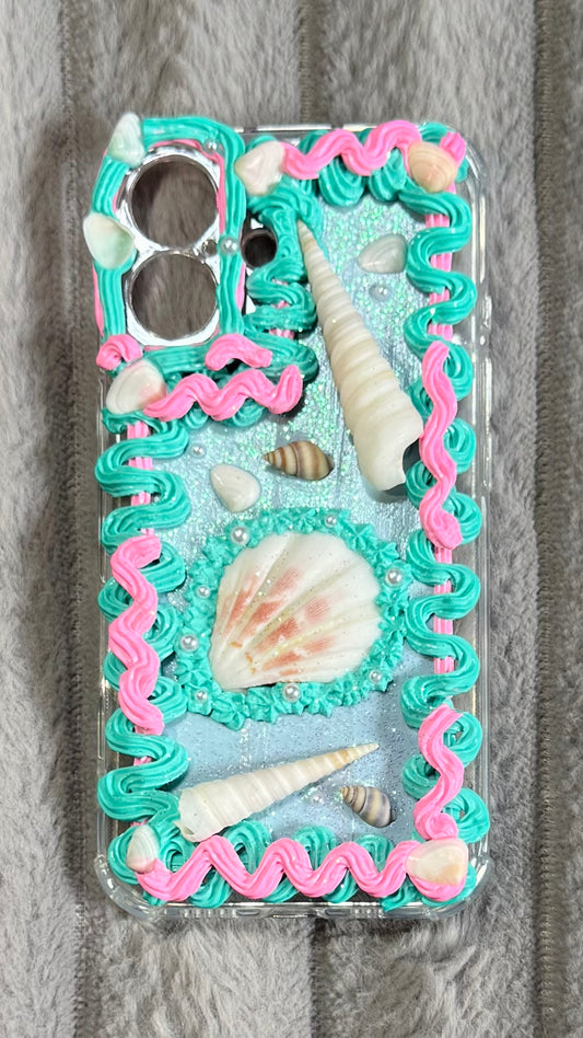 Handcrafted Teal & Pink Seashell Decoden Phone Case