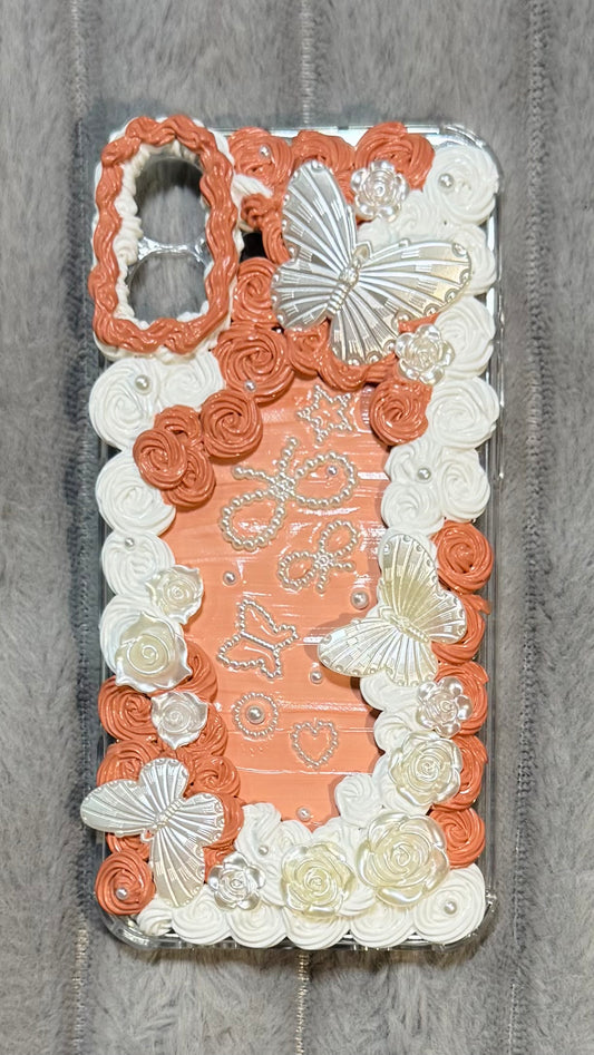 Romantic Peach & White Floral Butterfly Decoden Phone Case with Pearl Accents