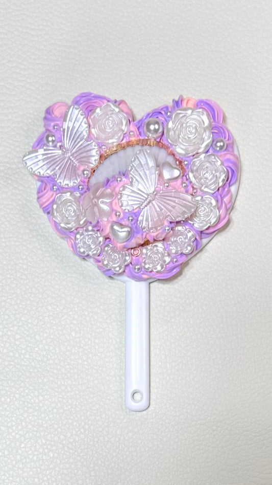 Handheld Heart Mirror – Baroque Butterfly & Pearl Cream Deco in Pink & Purple