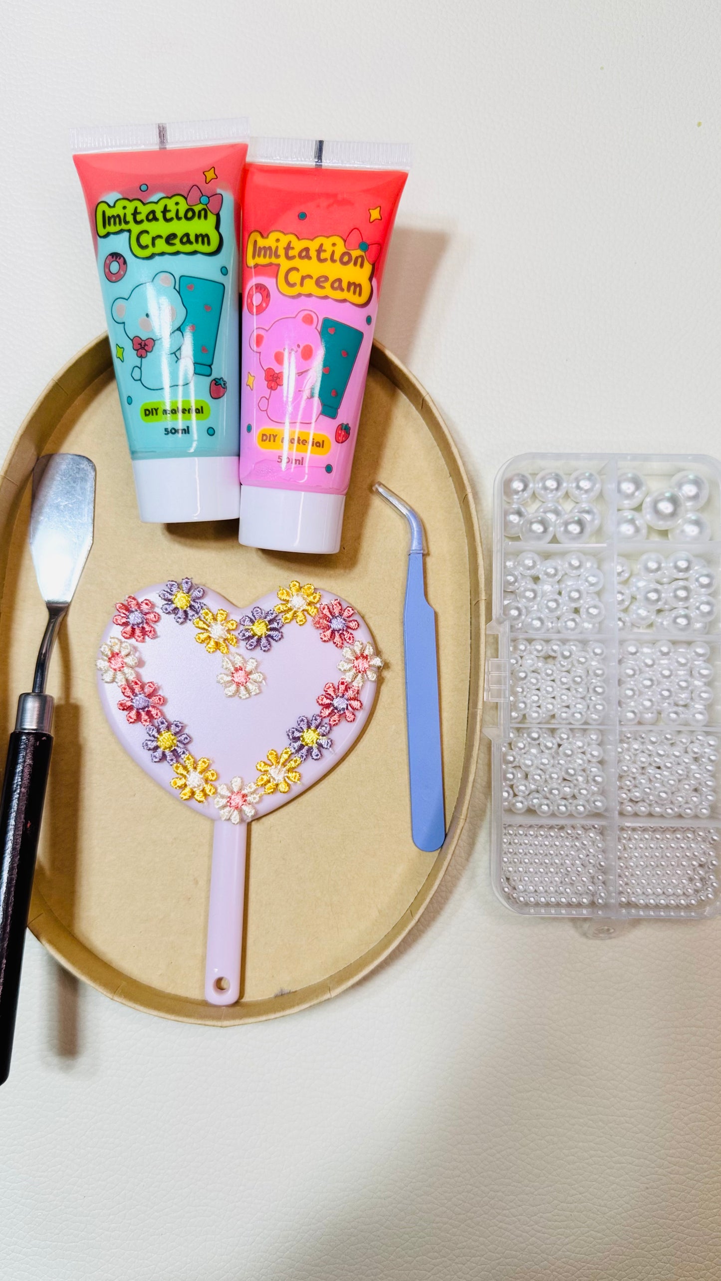 Handmade Baroque Whipped Cream Mirror – Pink & Blue with Pearls and Floral Bows