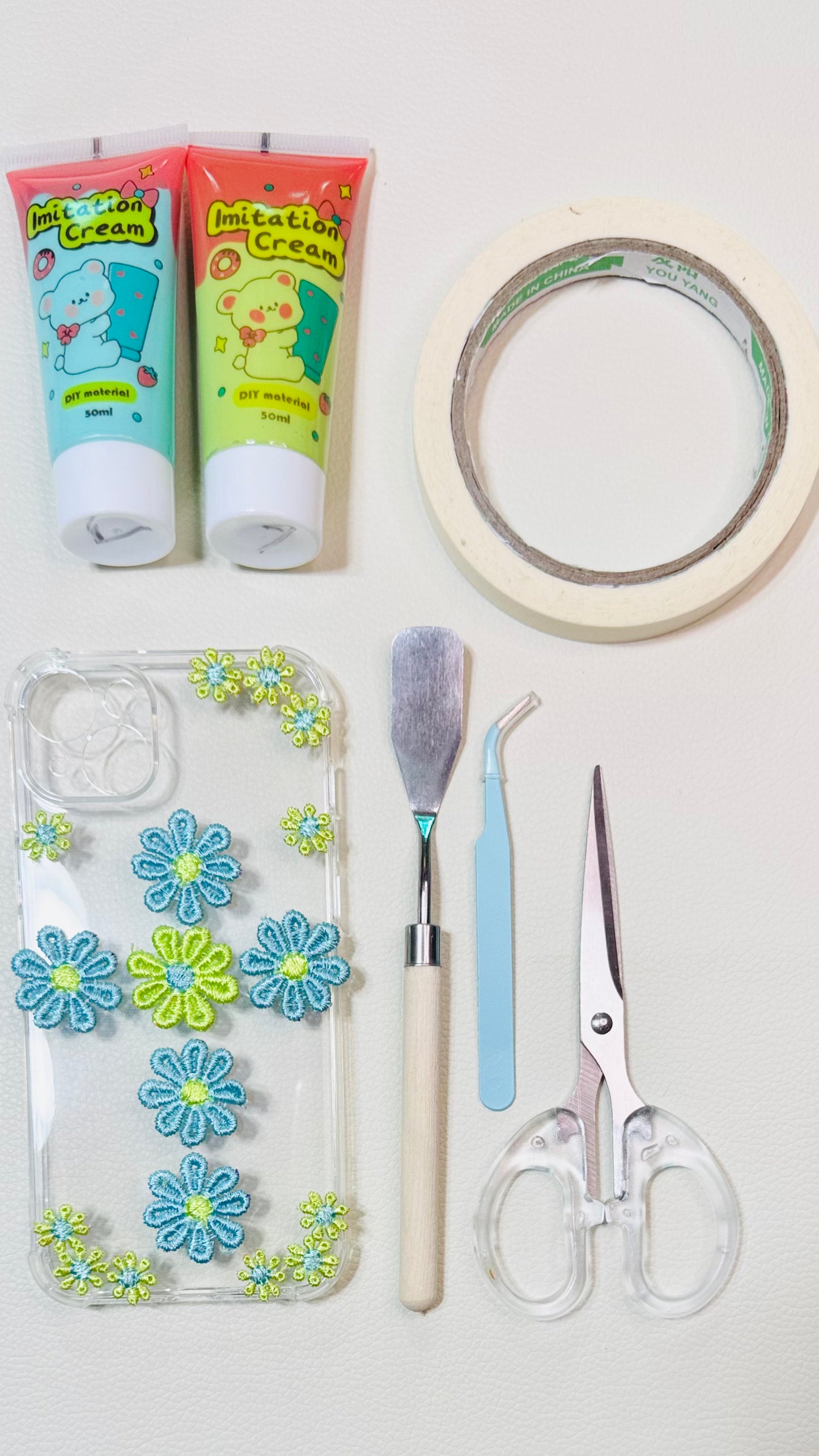 Handmade Whipped Cream Phone Case – Blue & Green Floral with Pearls