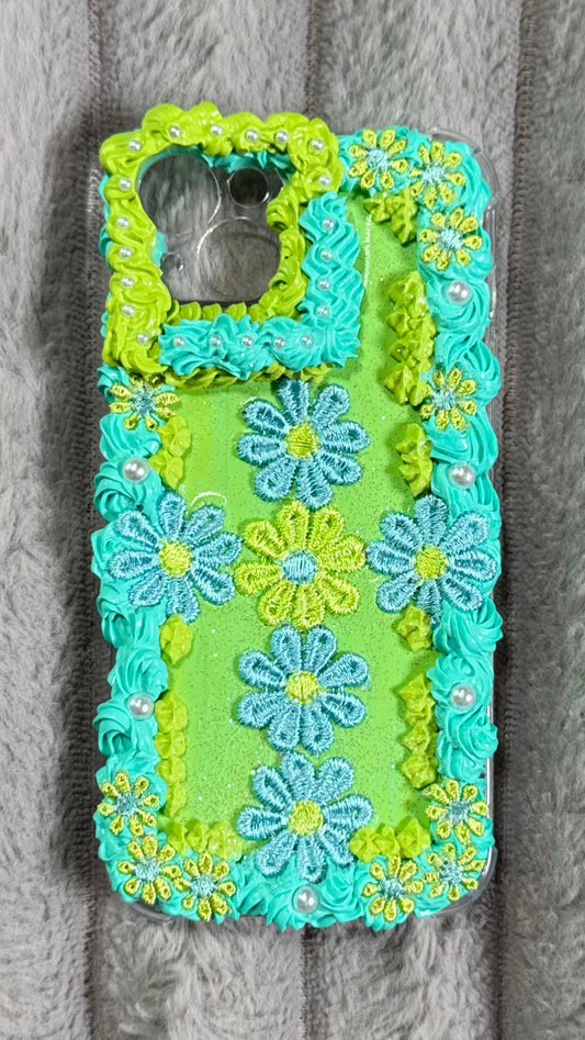 Handmade Whipped Cream Phone Case – Blue & Green Floral with Pearls