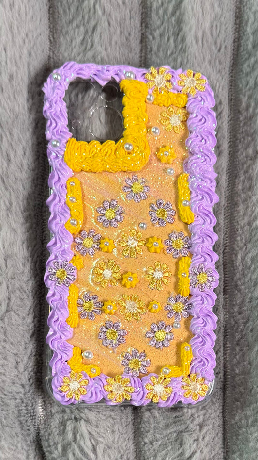 Handmade Y2K Floral Whipped Phone Case – Purple & Yellow Decoden Aesthetic