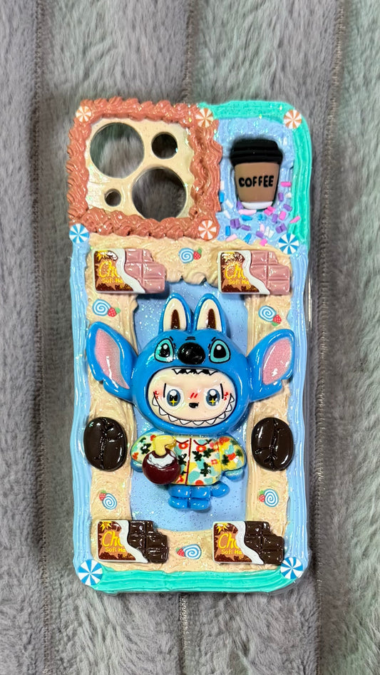 Handmade Labubu x Stitch Cream Phone Case | Pop Mart Artisan Cover for iPhone
