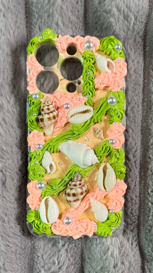Handmade Ocean-Inspired Whipped Cream Phone Case with Real Seashells