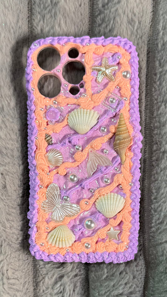 Handmade Ocean Fantasy Whipped Cream Phone Case – Peach & Lavender Seashell Design
