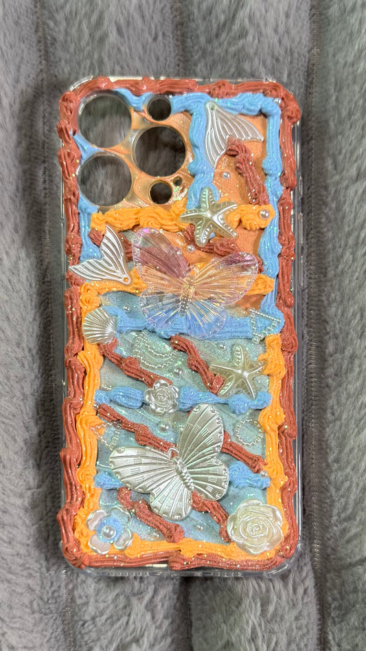 Handmade Creamy Whipped Ocean Sunset Butterfly Phone Case | 3D Decoden Style