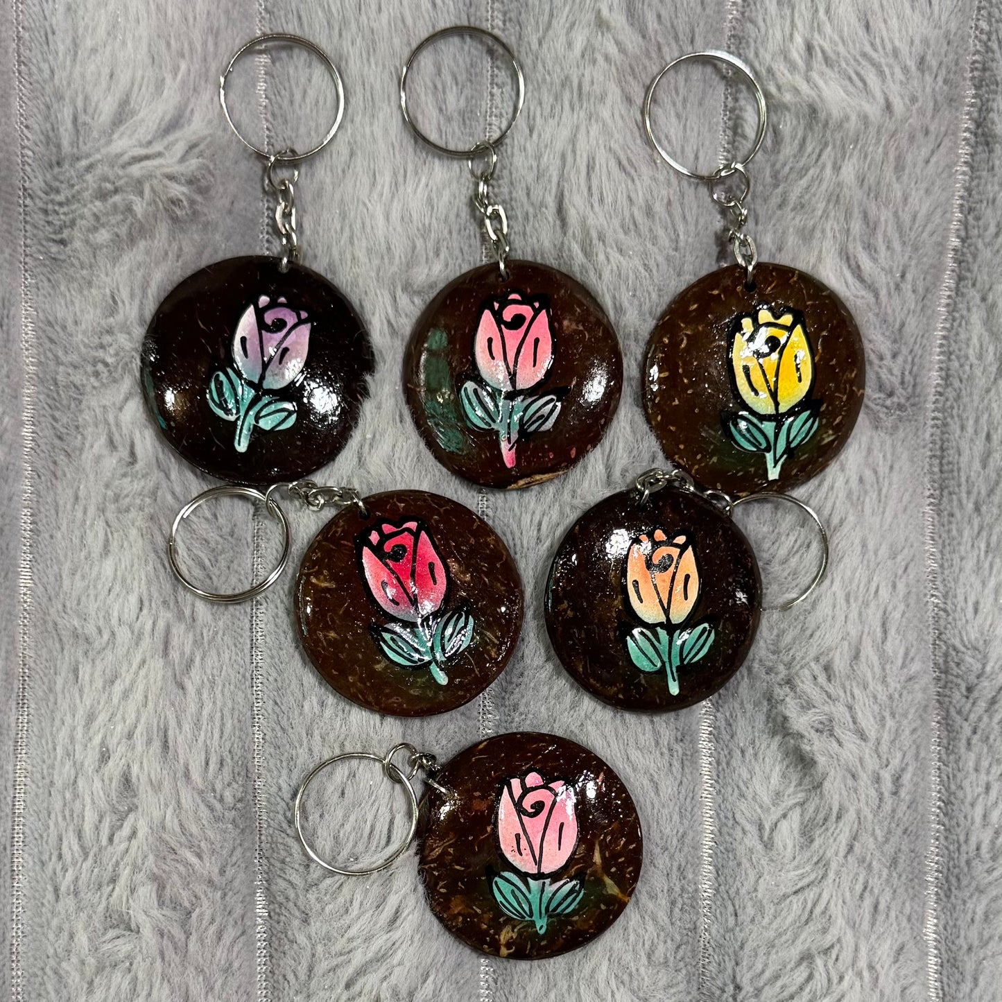 Hand-Painted Coconut Shell Flower Keychains 002