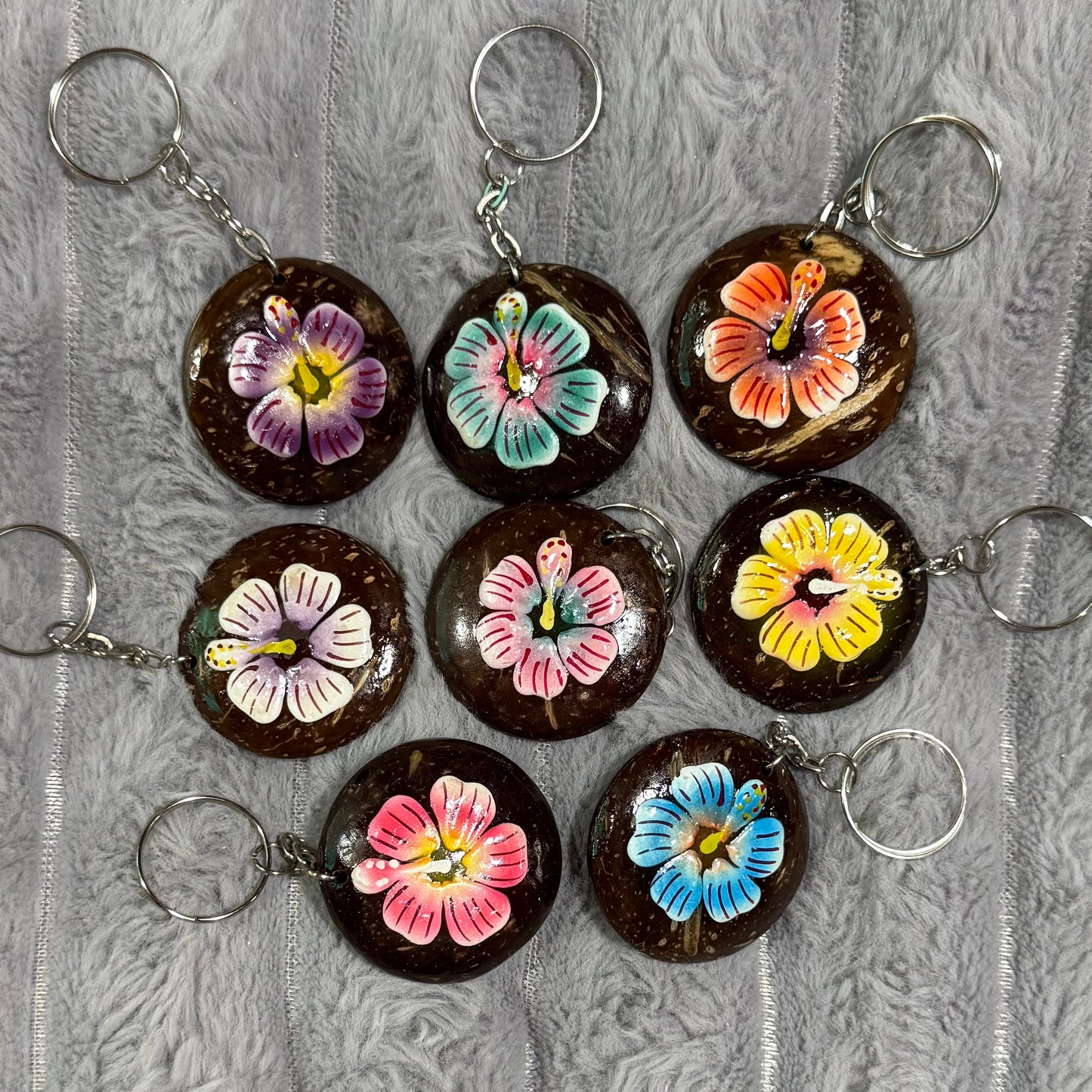 Hand-Painted Coconut Shell Flower Keychains 005