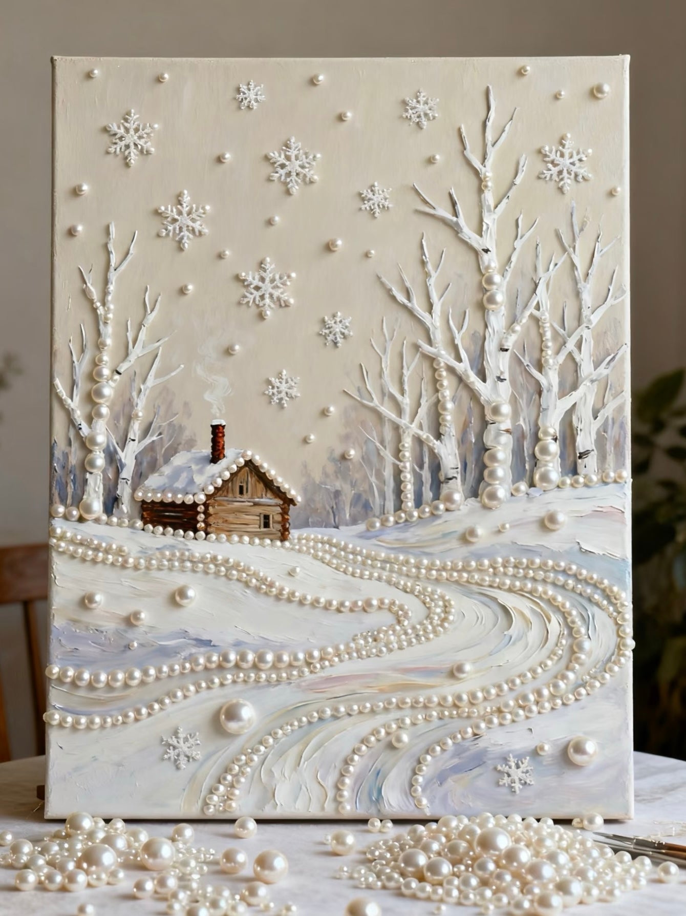 3D Pearl Relief Art: Winter Cabin Snowscape Canvas