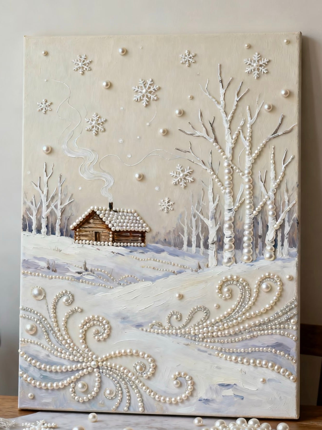5669)デリア・レイス　版画「Winter Vacation」22/30 3D Pearl Relief Art: Winter Cabin Snowscape Canvas – Creamy Cases