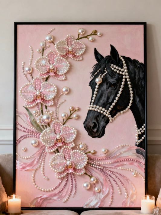 Handcrafted 3D Pearl Relief Art: Horse & Pink Orchids