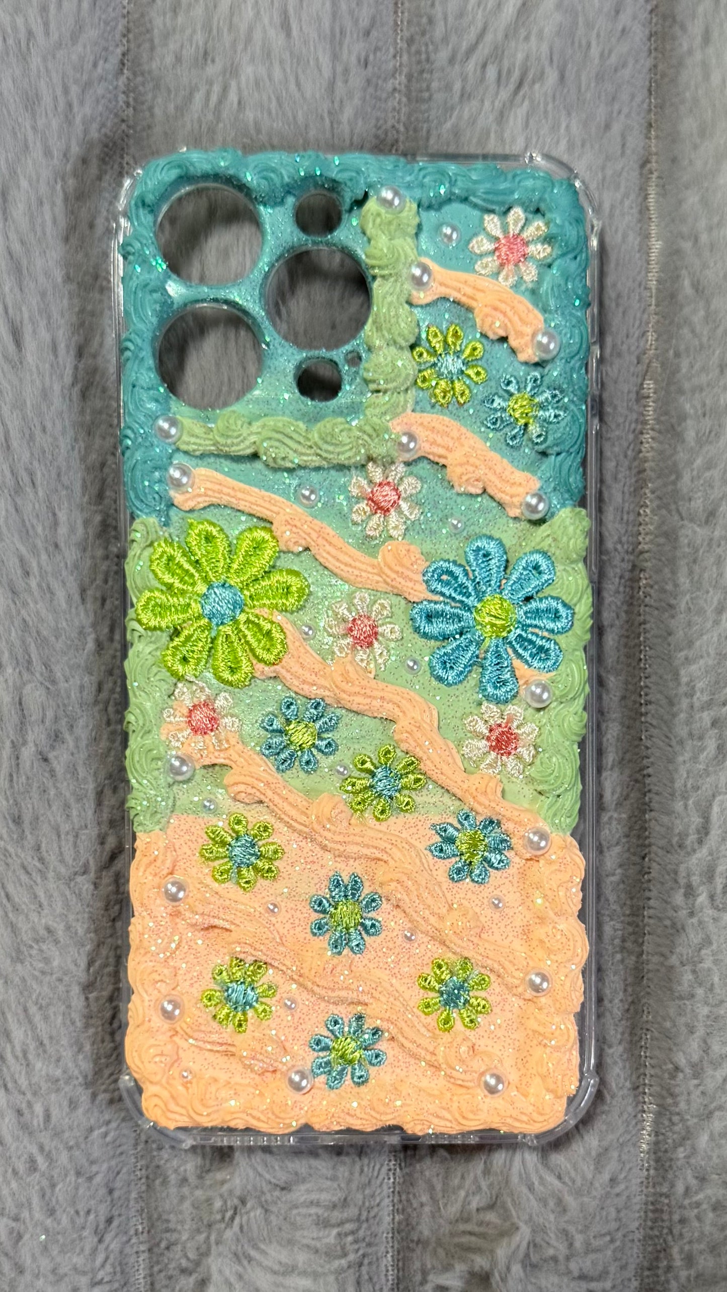 🌸 Pastel Bloom Cream Phone Case – Handmade Floral Embroidery & Pearls
