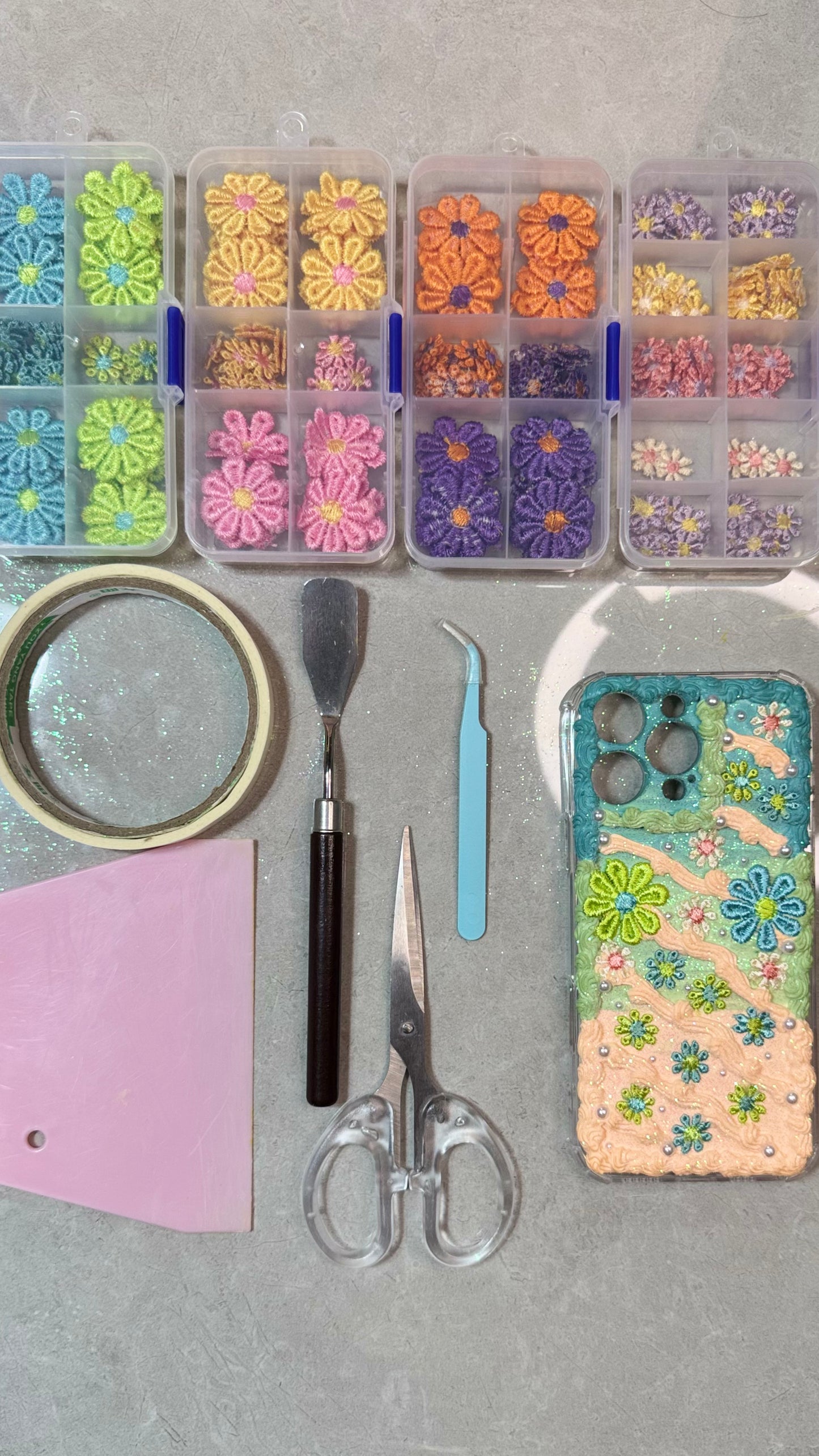 🌸 Pastel Bloom Cream Phone Case – Handmade Floral Embroidery & Pearls.materials