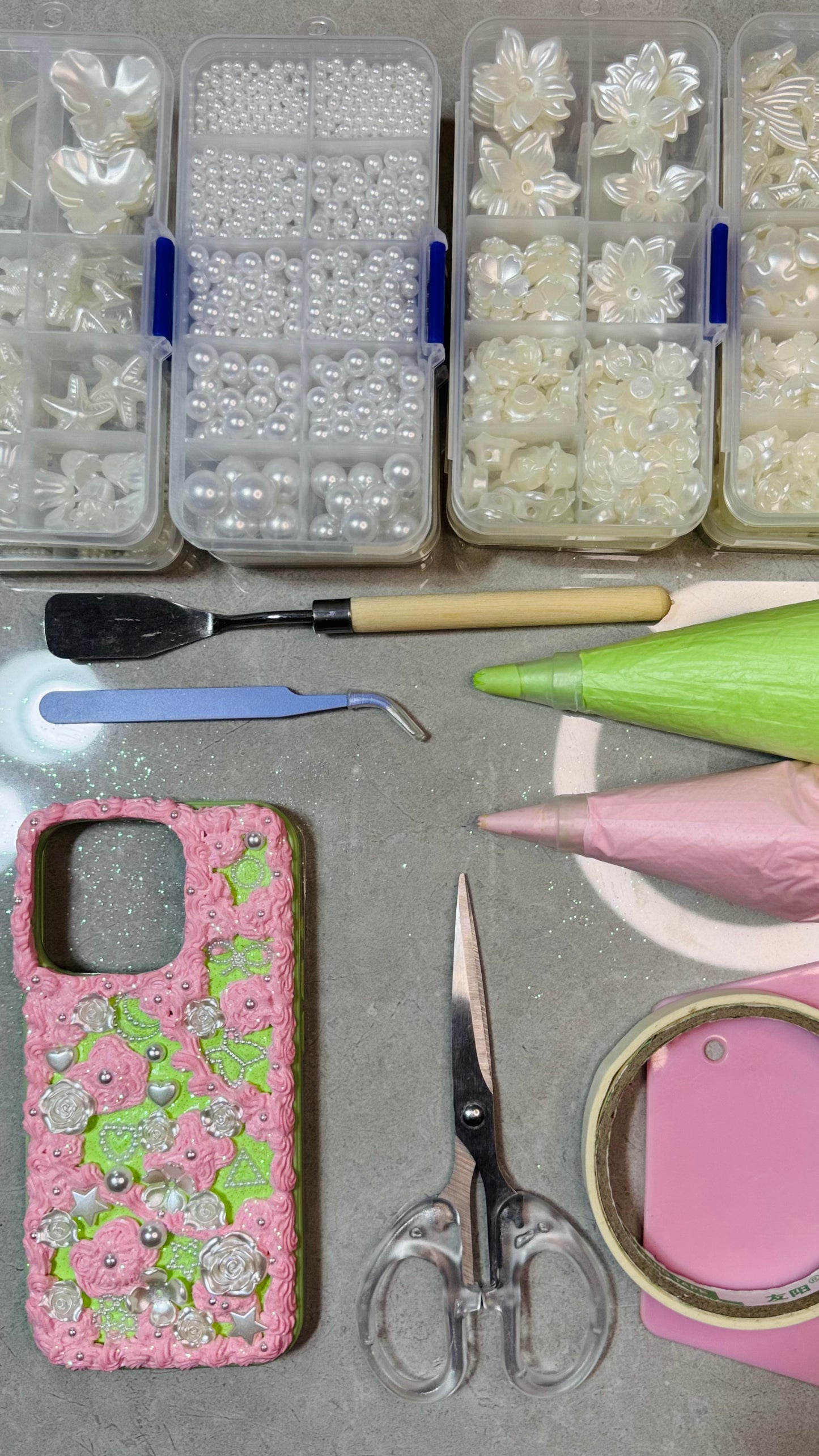 Pink Whipped Cream Floral Phone Case – Handmade Pearl & Rose Design.materials