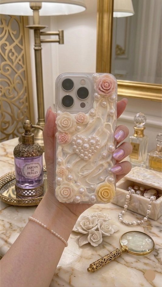 Vintage Pearl Heart & Rose 3D Decoden Case - Ivory
