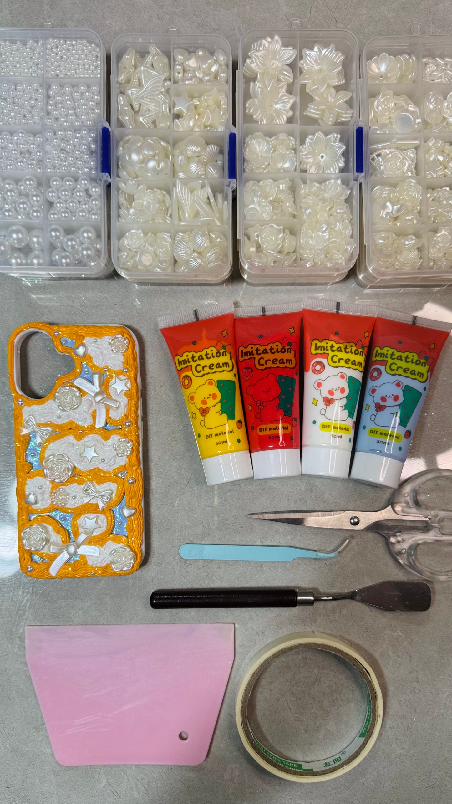 Whimsical Orange Dream | Handmade Pearl & Bow Cream Phone Case.materials