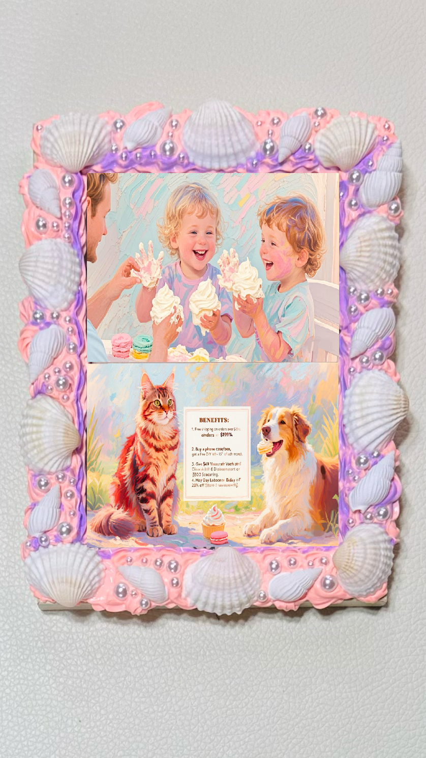 Handcrafted Pearl & Shell Frame – Pastel Lilac Creamcore Wooden Photo Frame