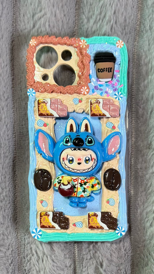 Handmade Labubu x Stitch Cream Phone Case | Pop Mart Artisan Cover for iPhone