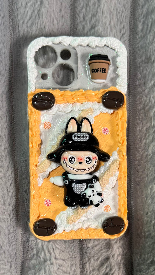 Handmade Labubu Panda Coffee Decoden Phone Case | Custom 3D Whipped Cream Art Toy Case