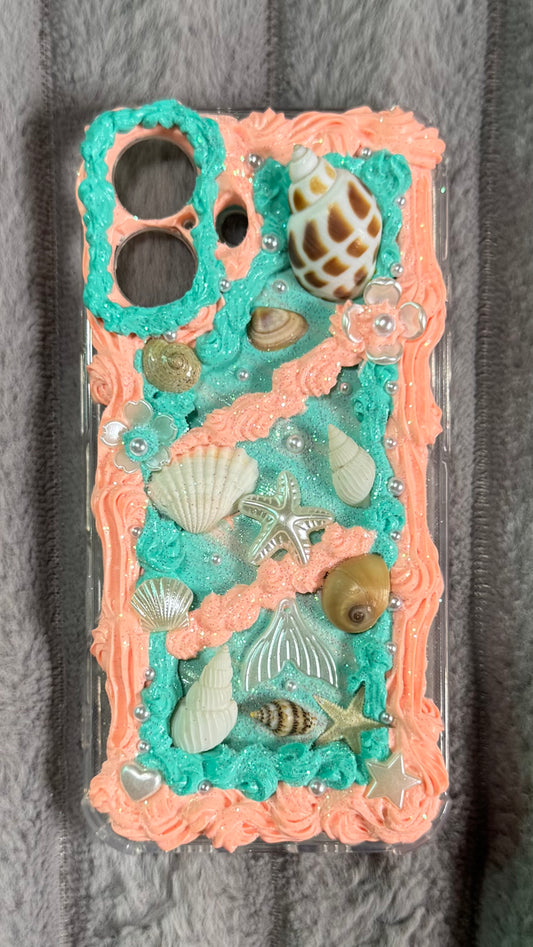 Handmade Coral & Turquoise Seashell Phone Case | Beach-Inspired Custom Creations for Your Device