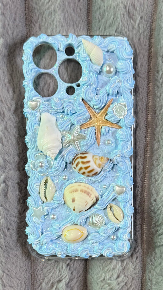 Handmade Ocean-Themed Whipped Cream Phone Case with Real Seashells & Starfish | Custom 3D Design