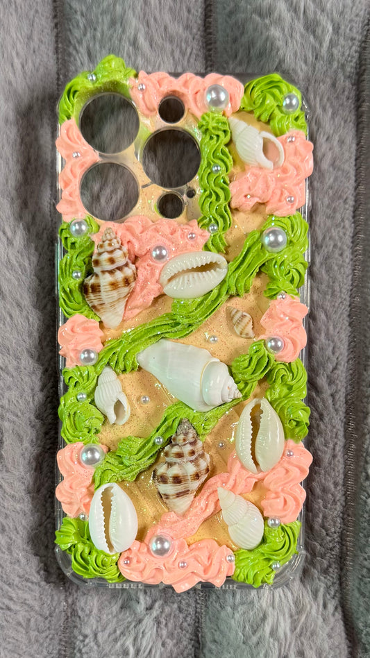 Handmade Ocean-Inspired Whipped Cream Phone Case with Real Seashells