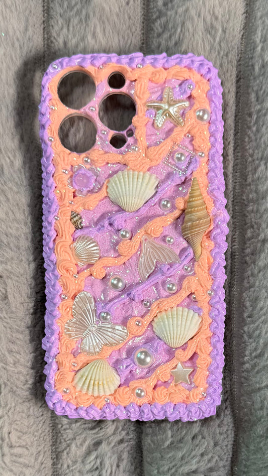 Handmade Ocean Fantasy Whipped Cream Phone Case – Peach & Lavender Seashell Design