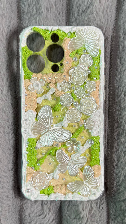 Handmade 3D Whipped Cream Floral Butterfly Phone Case – Pastel Green & Pearl White