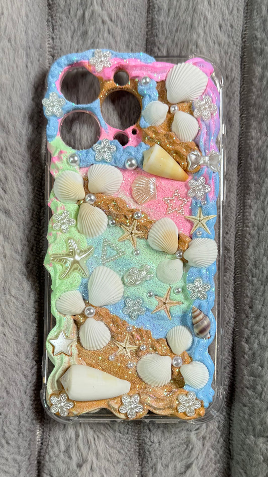 🌊 Mermaid Fantasy Seashell Cream Glue Phone Case – Handmade Ocean Vibes