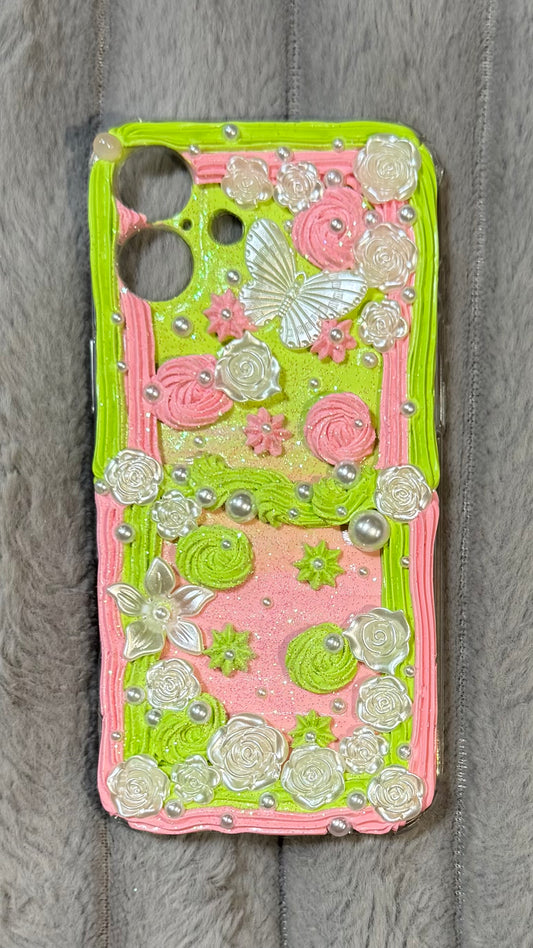 🌸 Pastel Garden Cream Glue Phone Case – Handmade Floral 3D Art with Pearls & Butterfly