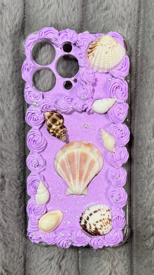 Handmade Seashell Cream Glaze Phone Case | Purple Coastal Charm & Customizable Details
