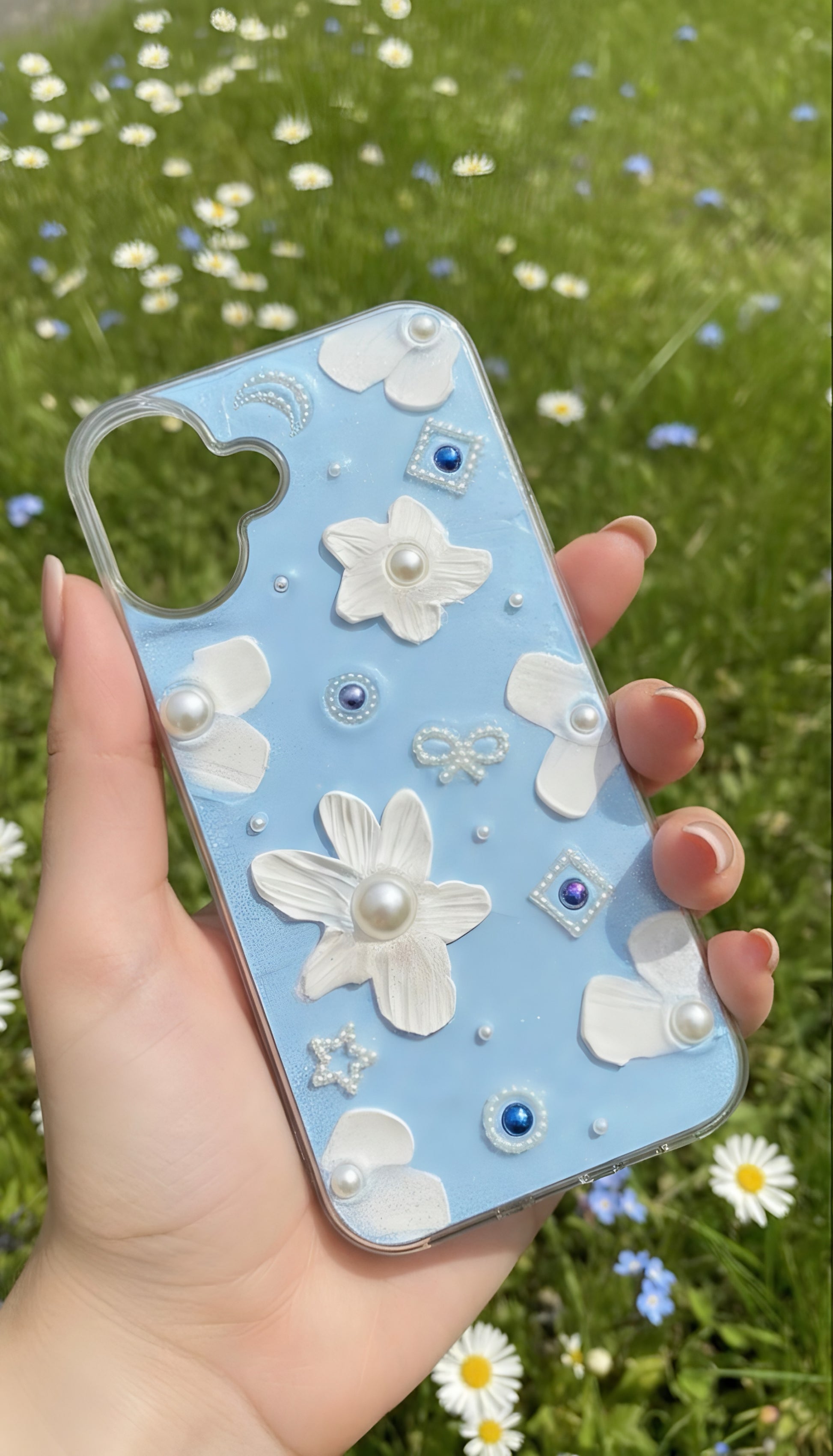 Blue Garden Pearl Flower Phone Case – Cute Nature Style