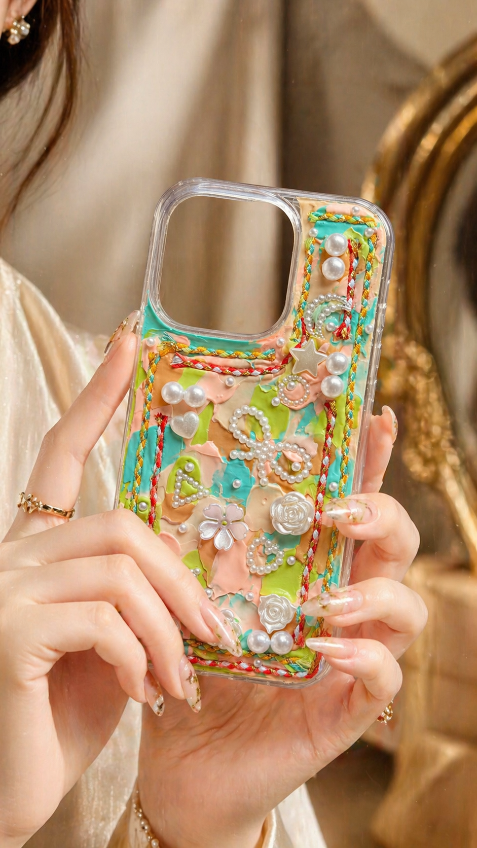 Dreamy 3D Impasto Floral & Pearl Artistic Phone Case