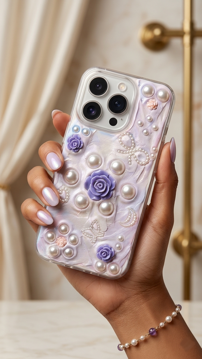 Enchanted Lavender Rose 3D Pearl Aesthetic Phone Case