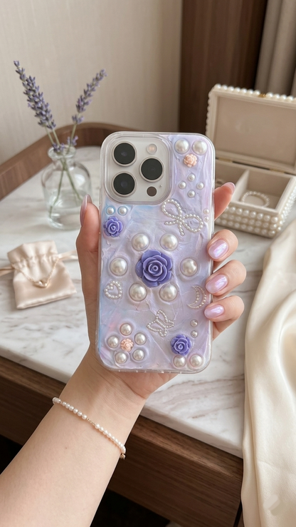 Enchanted Lavender Rose 3D Pearl Aesthetic Phone Case
