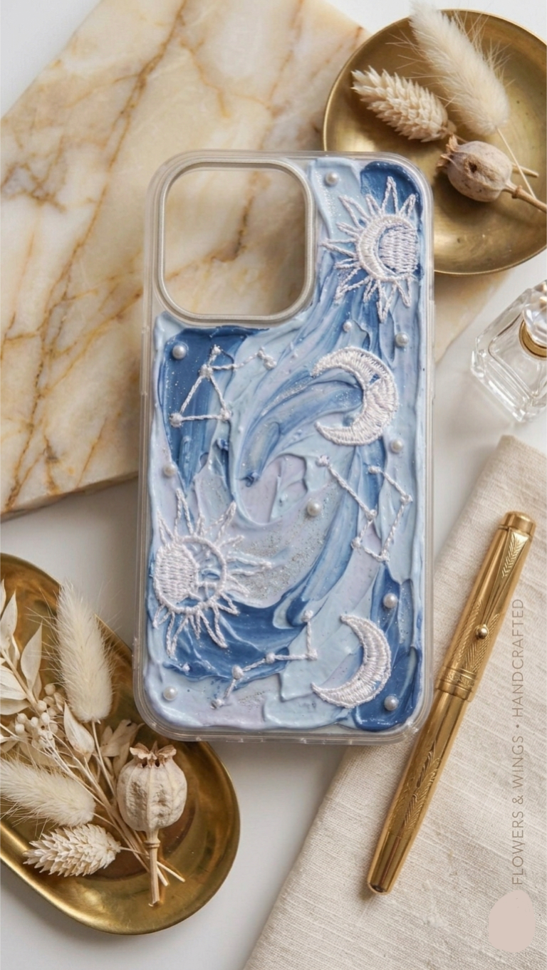 Handcrafted Celestial Sun & Moon 3D Embroidered iPhone Case