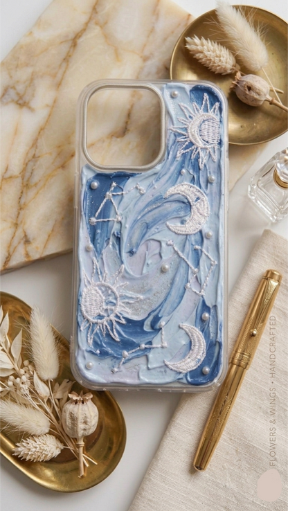 Handcrafted Celestial Sun & Moon 3D Embroidered iPhone Case