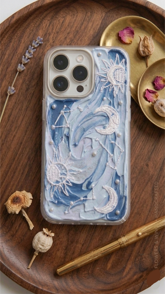 Handcrafted Celestial Sun & Moon 3D Embroidered iPhone Case