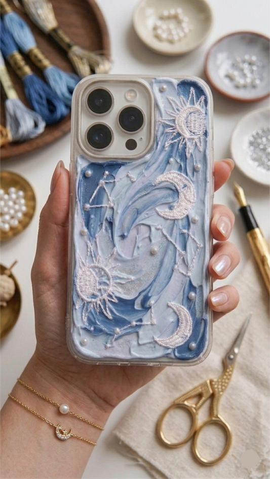 Handcrafted Celestial Sun & Moon 3D Embroidered iPhone Case