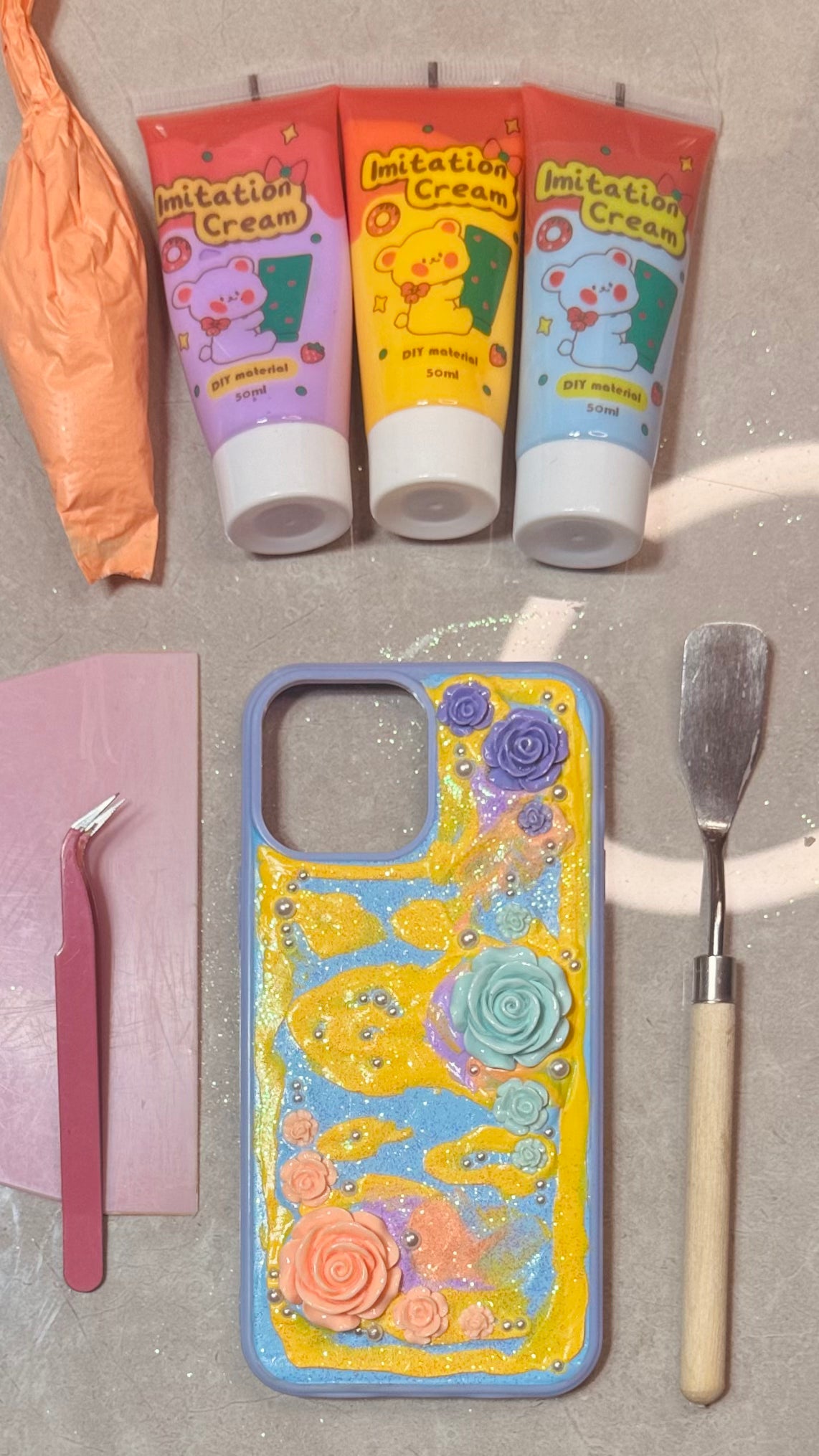 Handmade 3D Pastel Rose Decoden Case | Dreamy Glitter Shell