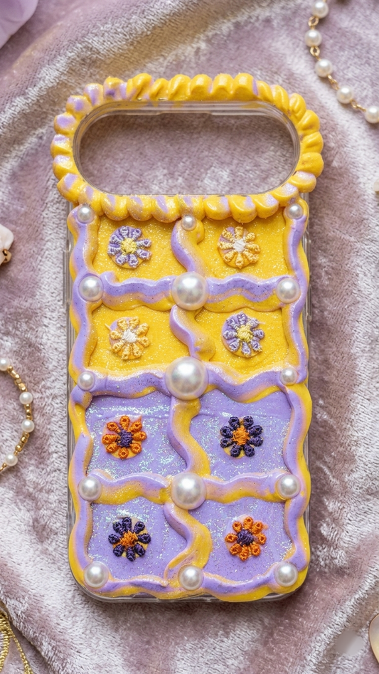 Handmade 3D Pearl Flower Decoden Case | Yellow & Lavender