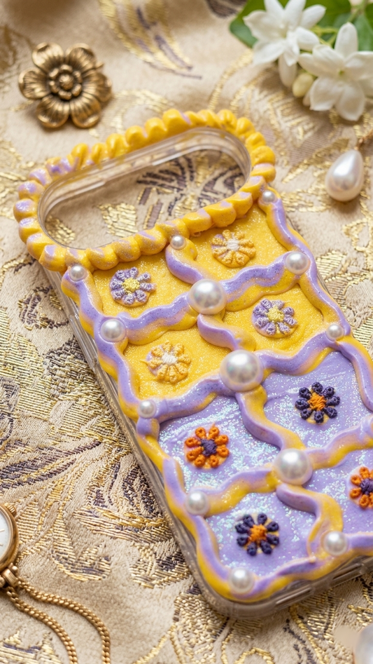 Handmade 3D Pearl Flower Decoden Case | Yellow & Lavender