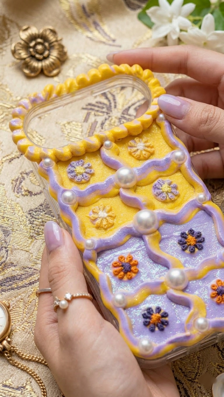 Coque de téléphone faite main avec colle crème « Vibrant Bloom » 